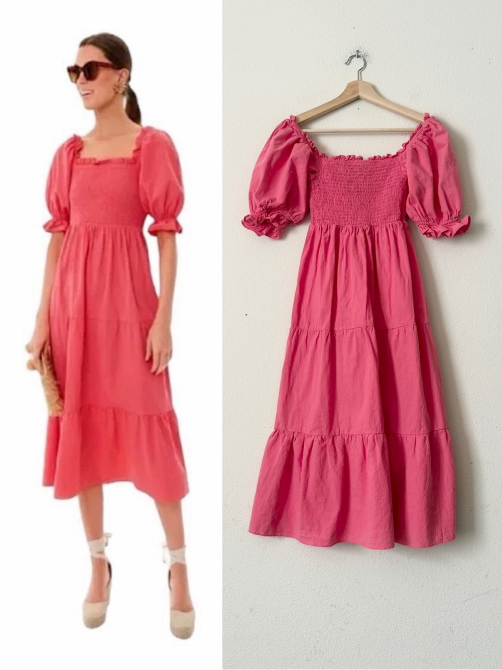 Pomander Place Tuckernuck XS Hannah smocked short puff sleeve midi dress in pink